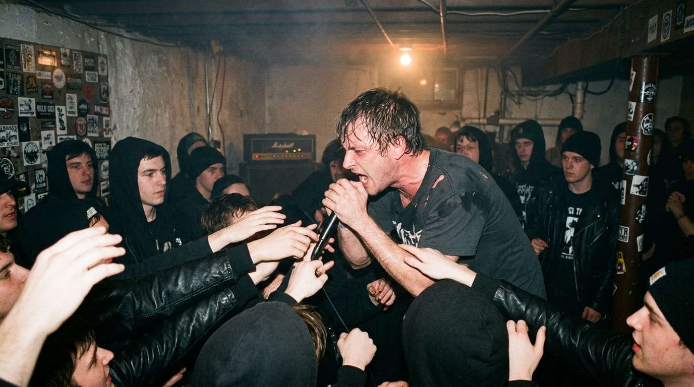 Vocalist screaming into a packed crowd at a DIY basement hardcore and screamo show under a single bare bulb