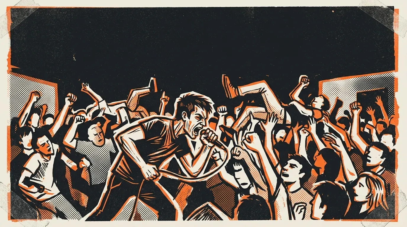 Screenprinted punk gig flyer illustration of a singer screaming into a crowd of raised fists at a basement hardcore show