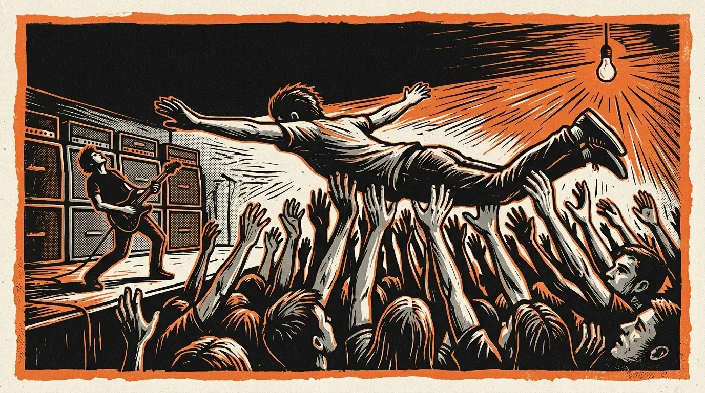 Screenprinted linocut gig-poster illustration of a crowd-surfer flying over raised hands at a basement punk show