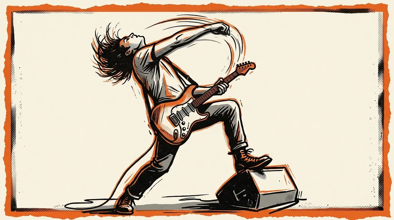 Screenprinted linocut gig-poster illustration of a windmilling guitarist mid-swing at a basement punk show