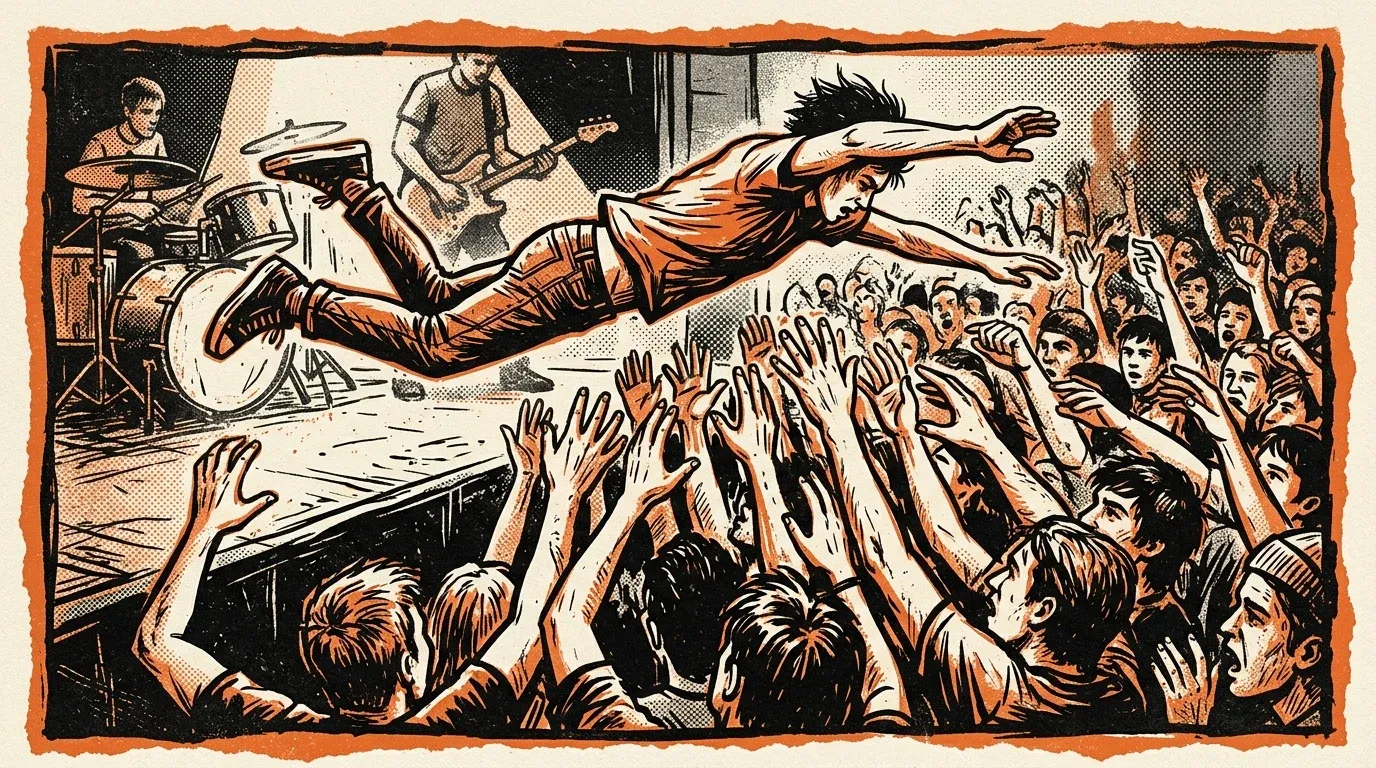 Screenprinted linocut gig-poster illustration of a stage-diver caught mid-air over a crowd of raised hands at a basement punk show