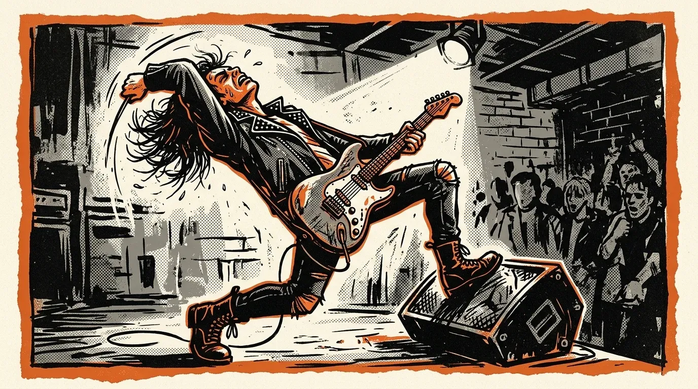 Screenprinted linocut gig-poster illustration of a windmilling guitarist leaning back mid-riff under a single stage light at a basement punk show