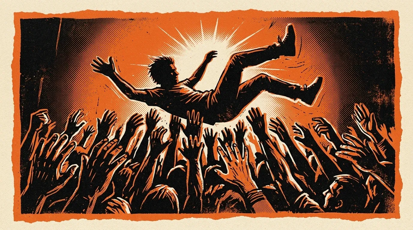 Screenprinted linocut gig-poster illustration of a crowd-surfer thrown flat over a sea of raised hands under a single stage light at a basement punk show